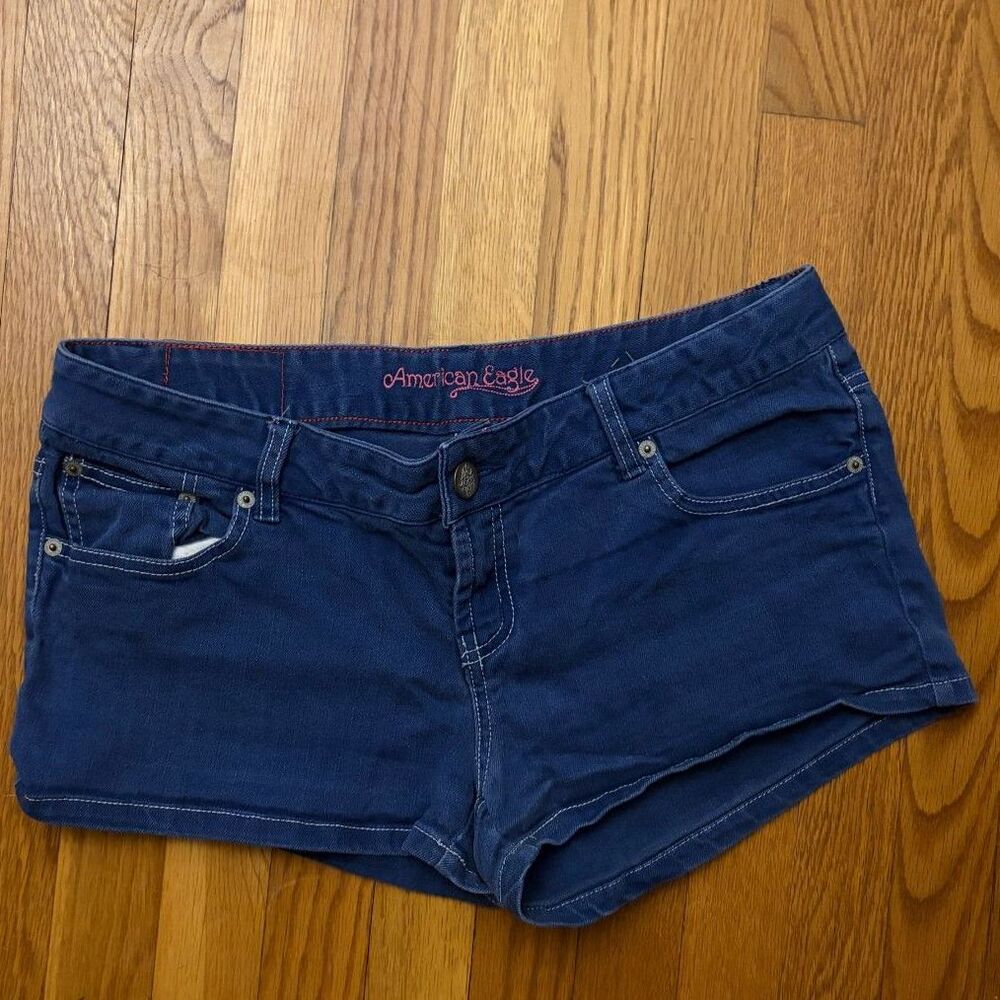 American Eagle Womens Size 12 Blue Denim Short Shorts Low Rise Stretch AEO